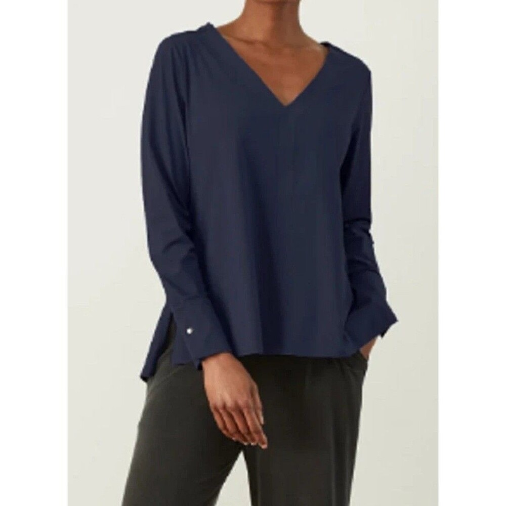 ADAY Long Sleeve Minimalist Blouse Something Tailored Navy Blue Sz Large